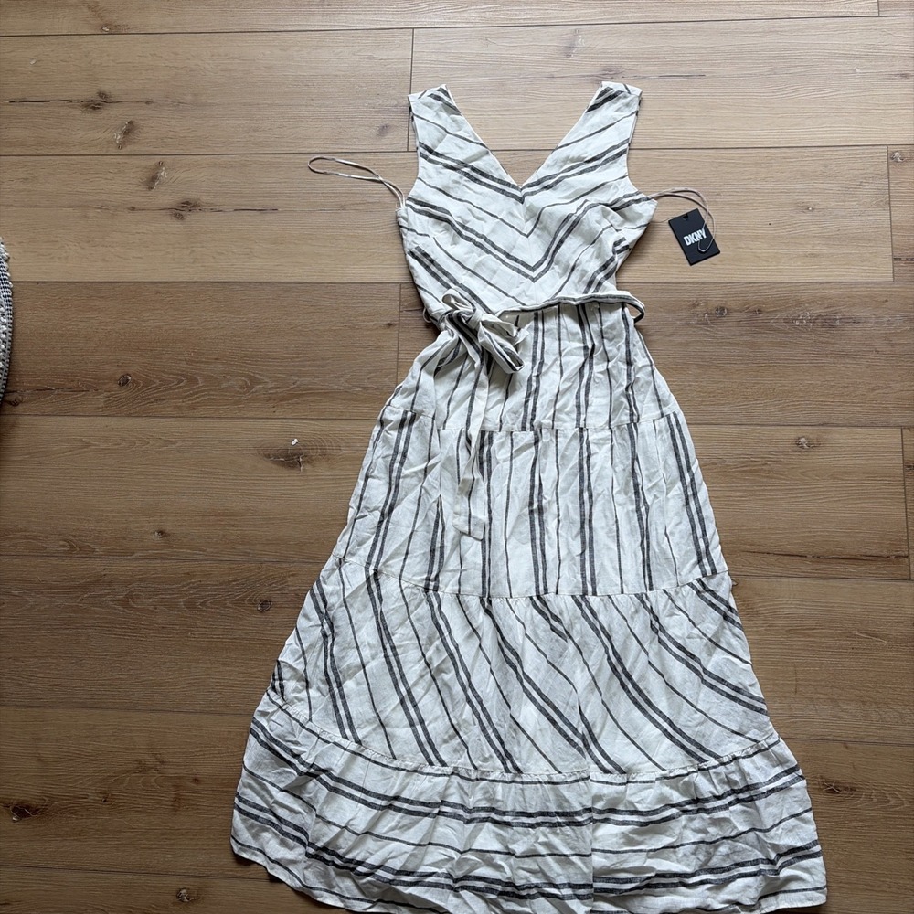 DKNY Linen Blend Stripe Print V-Neck Sleeveless Tie Waist Maxi Dress Size 6